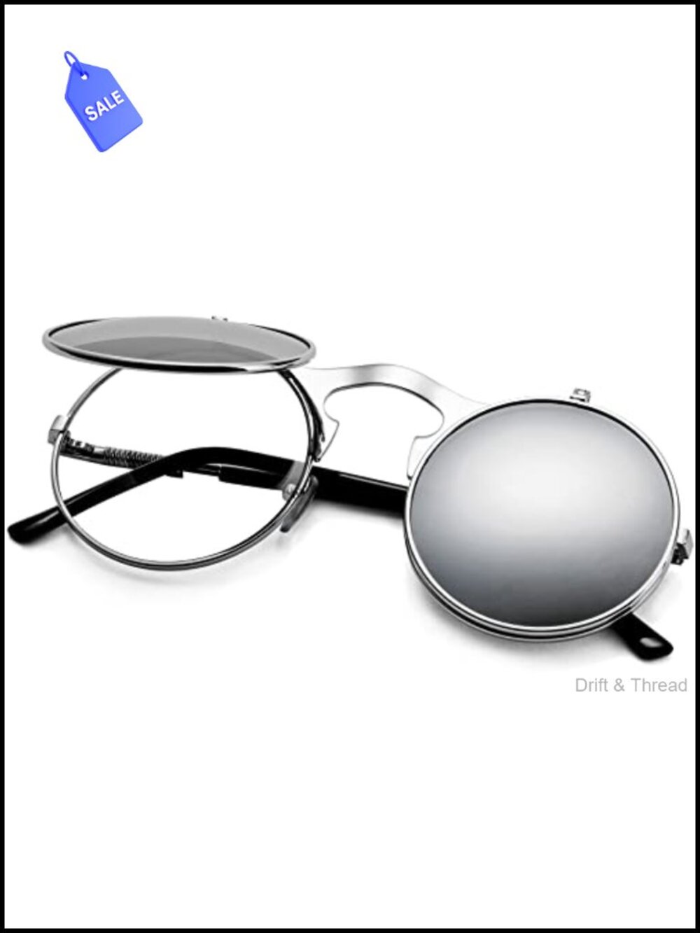 Round Flip Up Sunglasses Stainless Steel Frame Retro Steampunk Party Rave